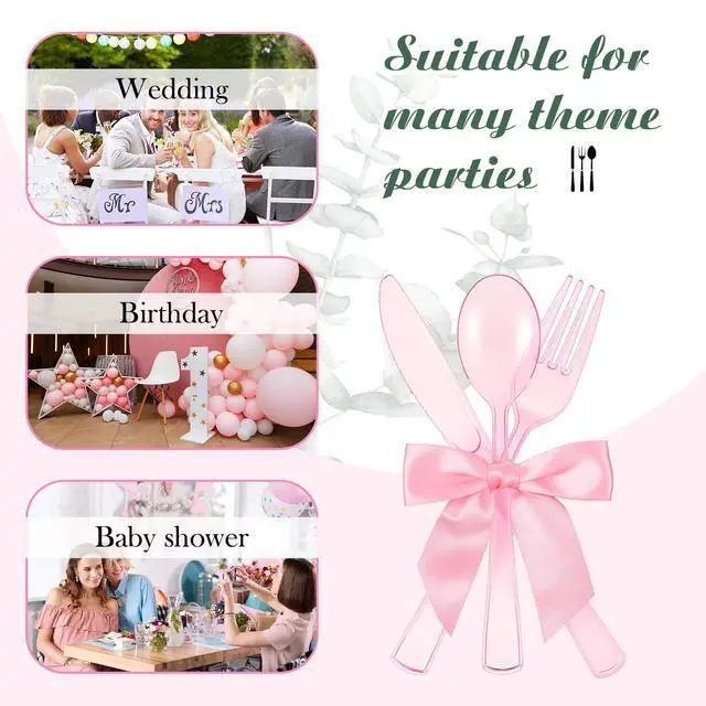 Alt view image 6 of 7 - 25 Sets Pink Plastic Cutlery Set with Twist Tie Bows, Heavy Duty Tableware Disposable Pink Forks Knives and Spoons Silverware Utensils Set for Coquette Birthday Party Table Setting Picnics