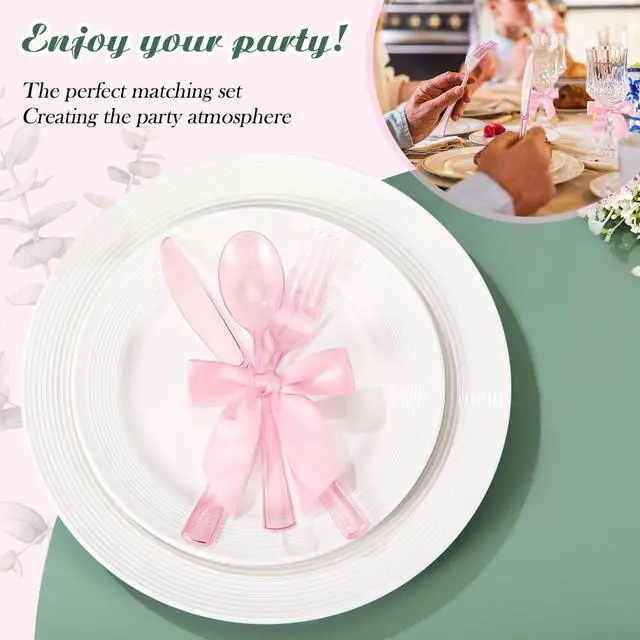 Alt view image 7 of 7 - 25 Sets Pink Plastic Cutlery Set with Twist Tie Bows, Heavy Duty Tableware Disposable Pink Forks Knives and Spoons Silverware Utensils Set for Coquette Birthday Party Table Setting Picnics