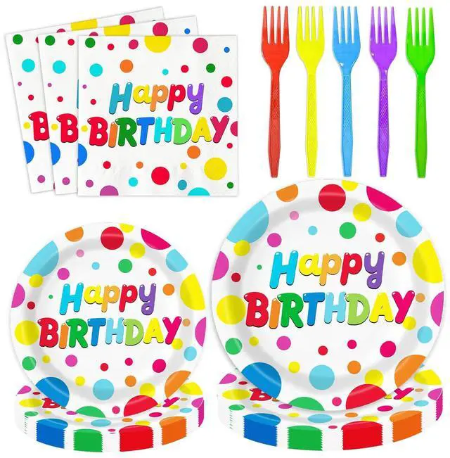 Main image of 100 PCS Happy Birthday Paper Plates Napkins and Forks Set Serve 25