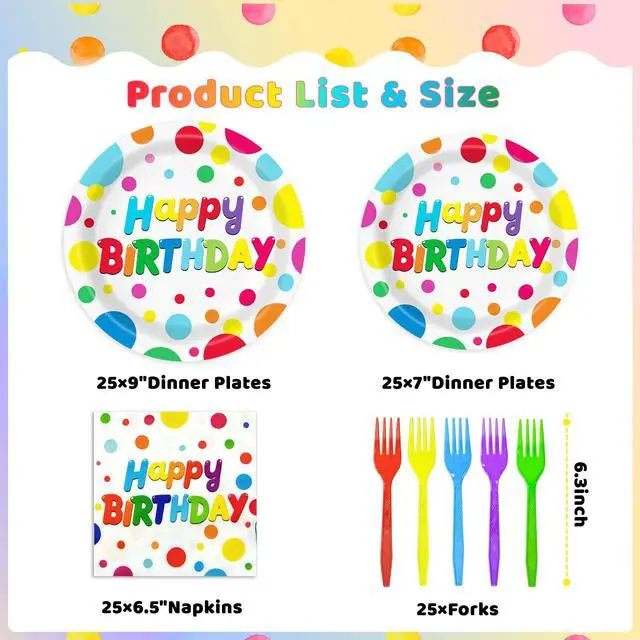 Alt view image 2 of 7 - 100 PCS Happy Birthday Paper Plates Napkins and Forks Set Serve 25