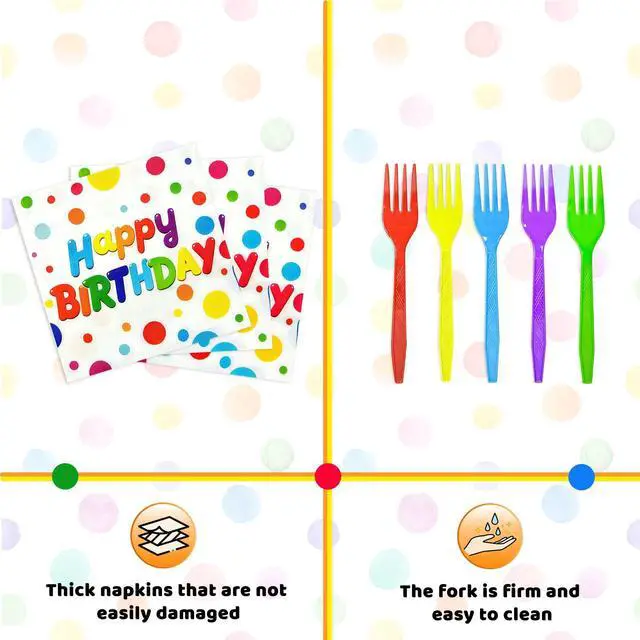 Alt view image 4 of 7 - 100 PCS Happy Birthday Paper Plates Napkins and Forks Set Serve 25