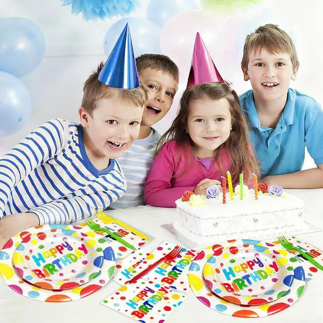 Alt view image 6 of 7 - 100 PCS Happy Birthday Paper Plates Napkins and Forks Set Serve 25