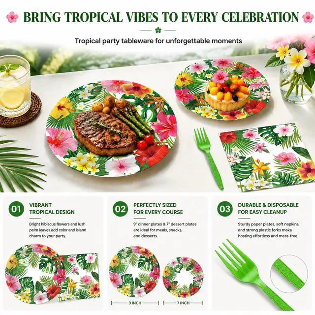 Alt view image 2 of 7 - 100 Pcs Tropical Luau Party Supplies Set, Serves 25 Disposable Hibiscus Floral Paper Plates, Napkins, and Forks, Hawaiian Themed Tableware for Summer BBQ, Pool and Beach Aloha Birthday Decorations