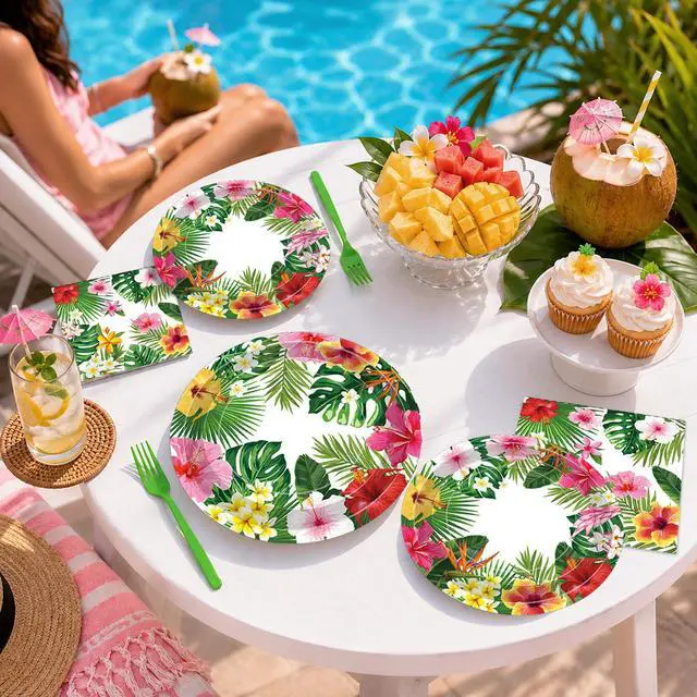Alt view image 3 of 7 - 100 Pcs Tropical Luau Party Supplies Set, Serves 25 Disposable Hibiscus Floral Paper Plates, Napkins, and Forks, Hawaiian Themed Tableware for Summer BBQ, Pool and Beach Aloha Birthday Decorations