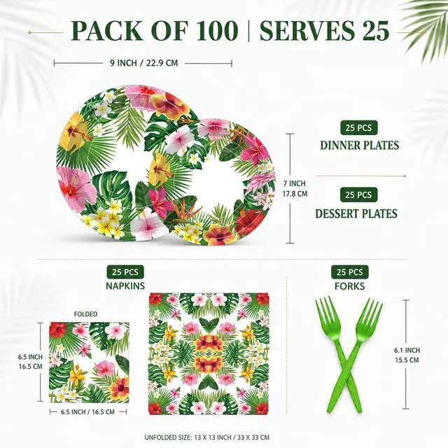 Alt view image 4 of 7 - 100 Pcs Tropical Luau Party Supplies Set, Serves 25 Disposable Hibiscus Floral Paper Plates, Napkins, and Forks, Hawaiian Themed Tableware for Summer BBQ, Pool and Beach Aloha Birthday Decorations