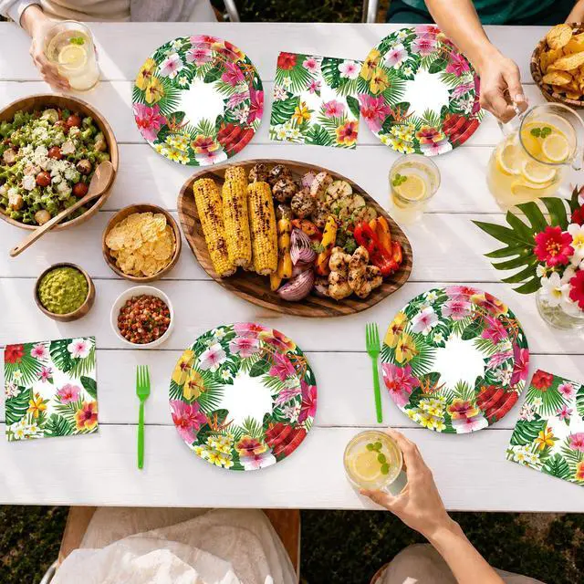 Alt view image 5 of 7 - 100 Pcs Tropical Luau Party Supplies Set, Serves 25 Disposable Hibiscus Floral Paper Plates, Napkins, and Forks, Hawaiian Themed Tableware for Summer BBQ, Pool and Beach Aloha Birthday Decorations