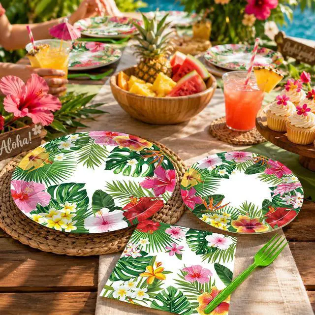 Alt view image 6 of 7 - 100 Pcs Tropical Luau Party Supplies Set, Serves 25 Disposable Hibiscus Floral Paper Plates, Napkins, and Forks, Hawaiian Themed Tableware for Summer BBQ, Pool and Beach Aloha Birthday Decorations