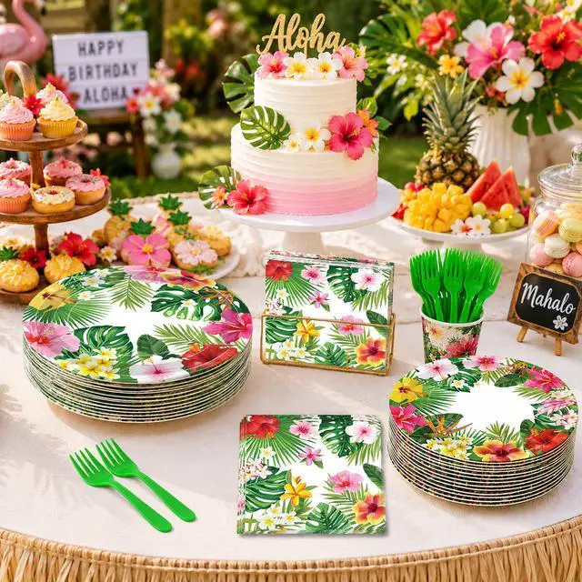 Alt view image 7 of 7 - 100 Pcs Tropical Luau Party Supplies Set, Serves 25 Disposable Hibiscus Floral Paper Plates, Napkins, and Forks, Hawaiian Themed Tableware for Summer BBQ, Pool and Beach Aloha Birthday Decorations
