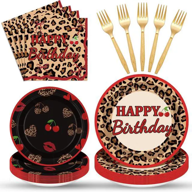 Main image of 96Pcs Cheetah Print Party Supplies Set Leopard Birthday Plates and Napkins Red Black Cherry Theme Disposable Tableware for Girls Women Birthday Wedding Coquette Party Decorations