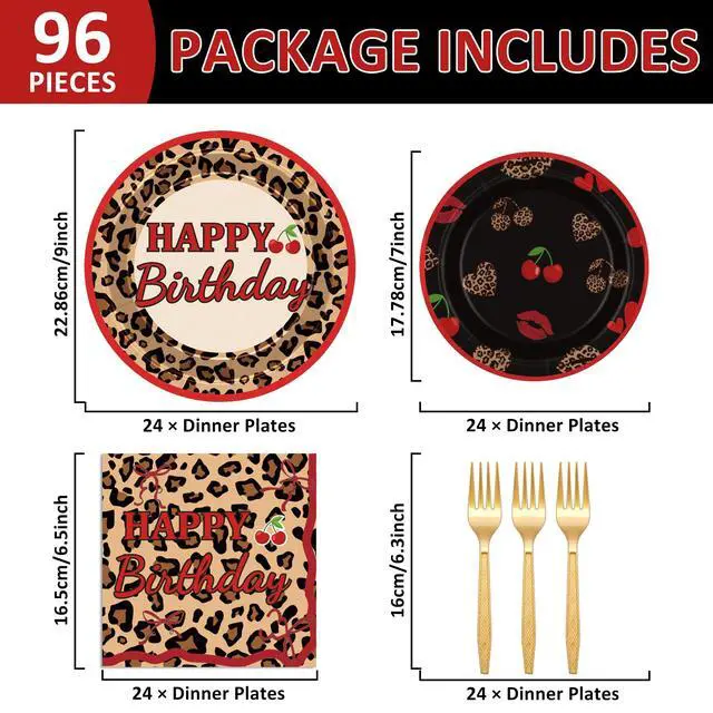 Alt view image 2 of 7 - 96Pcs Cheetah Print Party Supplies Set Leopard Birthday Plates and Napkins Red Black Cherry Theme Disposable Tableware for Girls Women Birthday Wedding Coquette Party Decorations