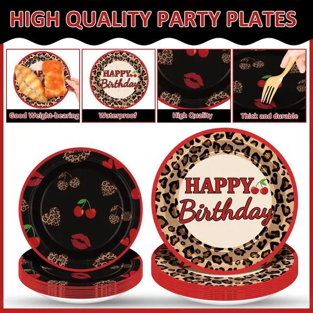 Alt view image 3 of 7 - 96Pcs Cheetah Print Party Supplies Set Leopard Birthday Plates and Napkins Red Black Cherry Theme Disposable Tableware for Girls Women Birthday Wedding Coquette Party Decorations