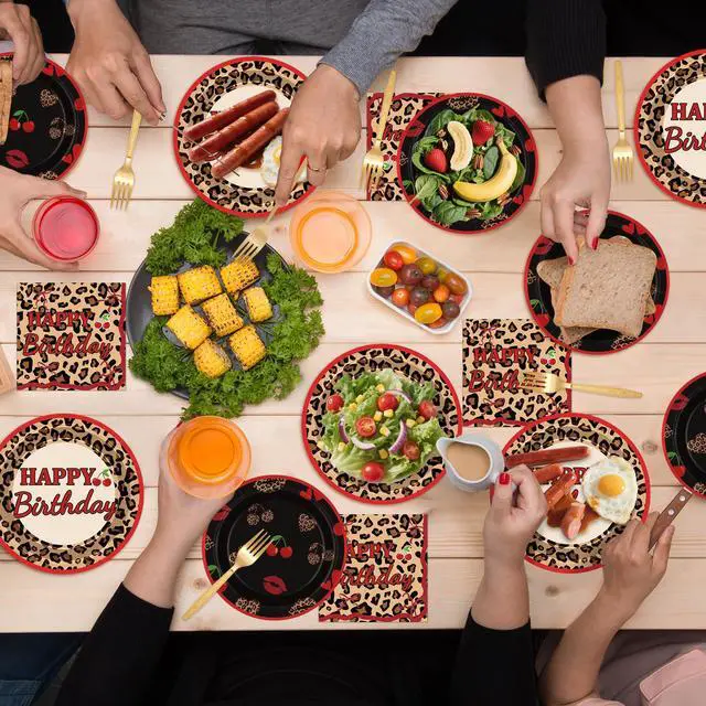 Alt view image 4 of 7 - 96Pcs Cheetah Print Party Supplies Set Leopard Birthday Plates and Napkins Red Black Cherry Theme Disposable Tableware for Girls Women Birthday Wedding Coquette Party Decorations
