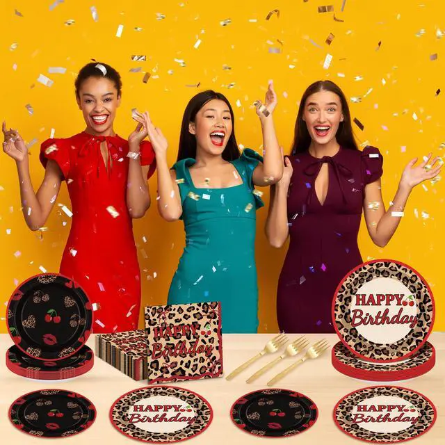 Alt view image 7 of 7 - 96Pcs Cheetah Print Party Supplies Set Leopard Birthday Plates and Napkins Red Black Cherry Theme Disposable Tableware for Girls Women Birthday Wedding Coquette Party Decorations