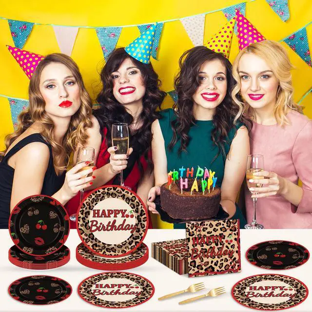 Alt view image 5 of 7 - 96Pcs Cheetah Print Party Supplies Set Leopard Birthday Plates and Napkins Red Black Cherry Theme Disposable Tableware for Girls Women Birthday Wedding Coquette Party Decorations