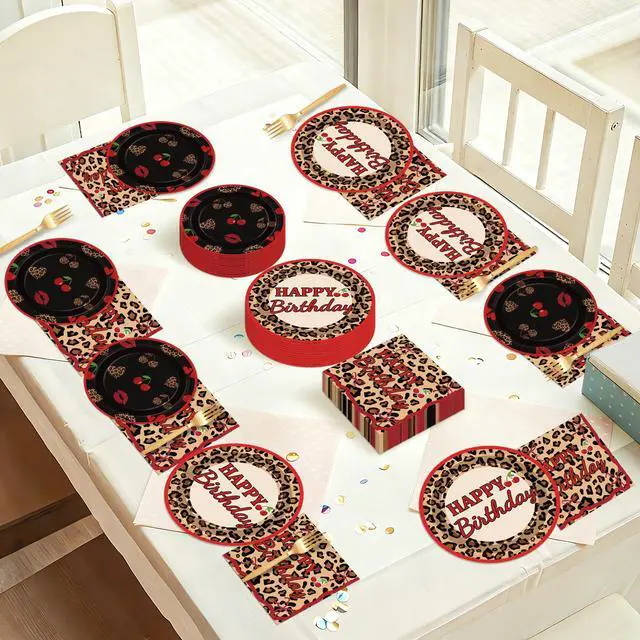 Alt view image 6 of 7 - 96Pcs Cheetah Print Party Supplies Set Leopard Birthday Plates and Napkins Red Black Cherry Theme Disposable Tableware for Girls Women Birthday Wedding Coquette Party Decorations