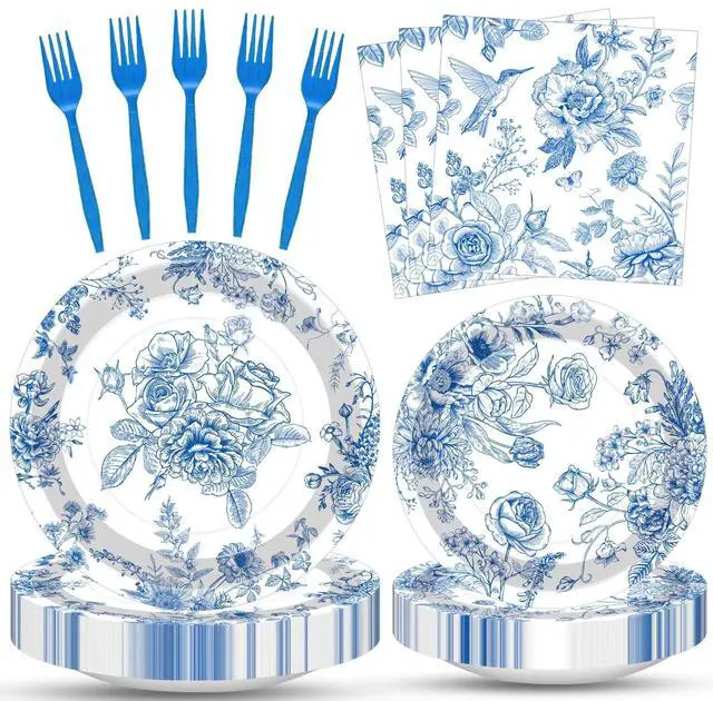 Main image of 100 Pcs Blue and White Floral Tableware Party Supplies Set, Serves 25 Disposable Elegant Flower Paper Plates, Napkins, and Plastic Forks for Wedding, Bridal Shower, Birthday, Garden Tea Decorations