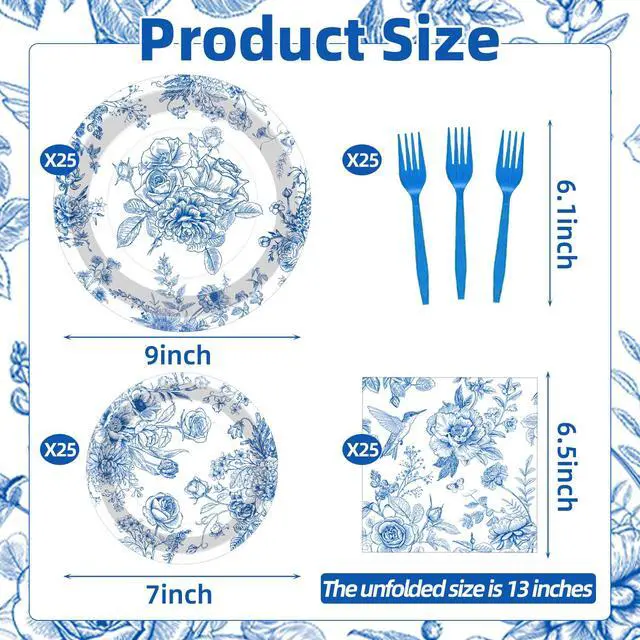 Alt view image 2 of 7 - 100 Pcs Blue and White Floral Tableware Party Supplies Set, Serves 25 Disposable Elegant Flower Paper Plates, Napkins, and Plastic Forks for Wedding, Bridal Shower, Birthday, Garden Tea Decorations