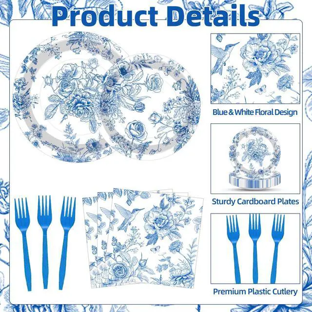 Alt view image 3 of 7 - 100 Pcs Blue and White Floral Tableware Party Supplies Set, Serves 25 Disposable Elegant Flower Paper Plates, Napkins, and Plastic Forks for Wedding, Bridal Shower, Birthday, Garden Tea Decorations