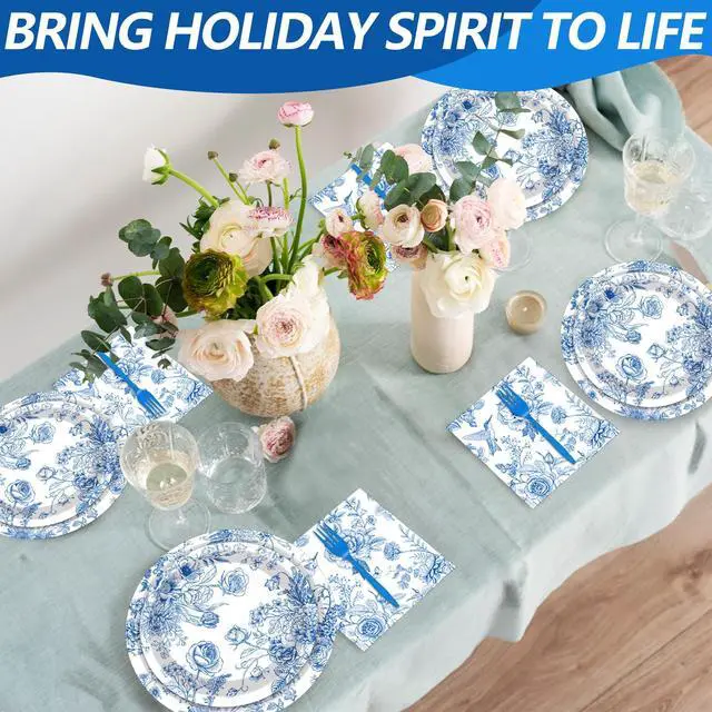 Alt view image 4 of 7 - 100 Pcs Blue and White Floral Tableware Party Supplies Set, Serves 25 Disposable Elegant Flower Paper Plates, Napkins, and Plastic Forks for Wedding, Bridal Shower, Birthday, Garden Tea Decorations