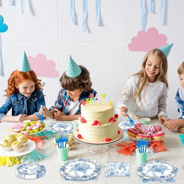 Alt view image 6 of 7 - 100 Pcs Blue and White Floral Tableware Party Supplies Set, Serves 25 Disposable Elegant Flower Paper Plates, Napkins, and Plastic Forks for Wedding, Bridal Shower, Birthday, Garden Tea Decorations
