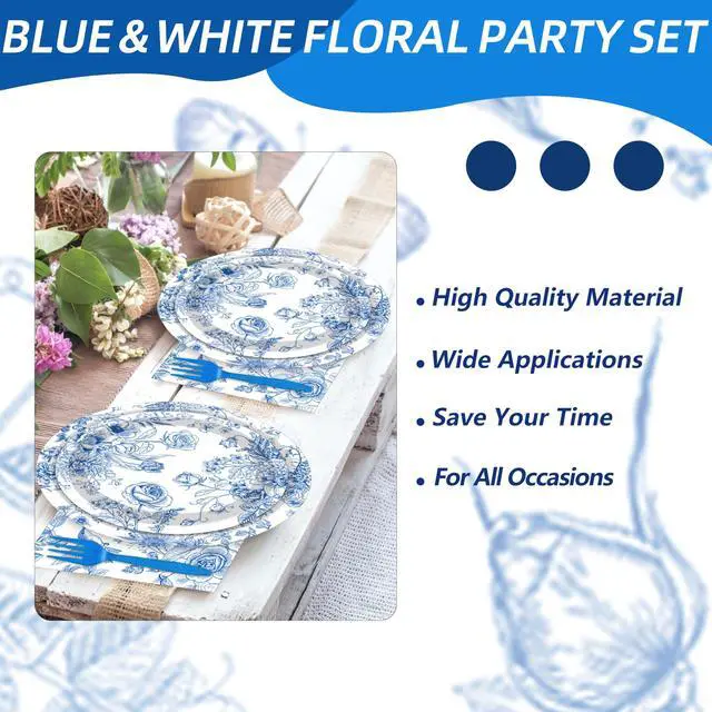 Alt view image 5 of 7 - 100 Pcs Blue and White Floral Tableware Party Supplies Set, Serves 25 Disposable Elegant Flower Paper Plates, Napkins, and Plastic Forks for Wedding, Bridal Shower, Birthday, Garden Tea Decorations
