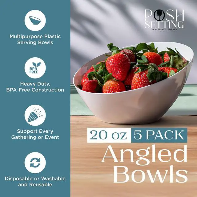 Alt view image 2 of 7 - 5 Pack White Angled Plastic Serving Bowl Disposable for Party Table 20oz