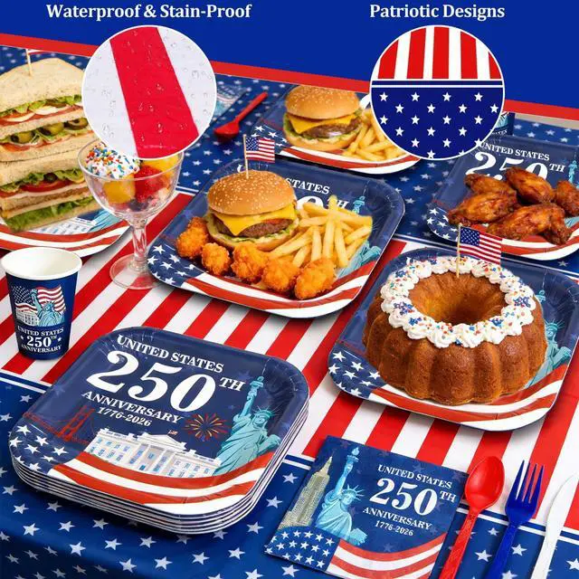 Alt view image 3 of 6 - 170 Pcs 250th Anniversary 4th of July Decorations Serve 24, American Flag Patriotic Party Supplies 4th of July Disposable Paper Plates Napkins Cups Knives Forks Spoons Tablecloths for Independence Day