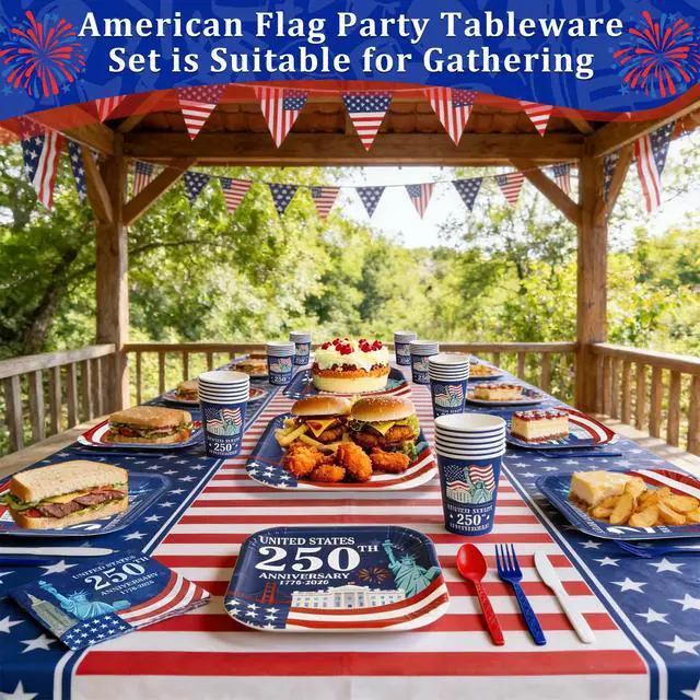 Alt view image 4 of 6 - 170 Pcs 250th Anniversary 4th of July Decorations Serve 24, American Flag Patriotic Party Supplies 4th of July Disposable Paper Plates Napkins Cups Knives Forks Spoons Tablecloths for Independence Day