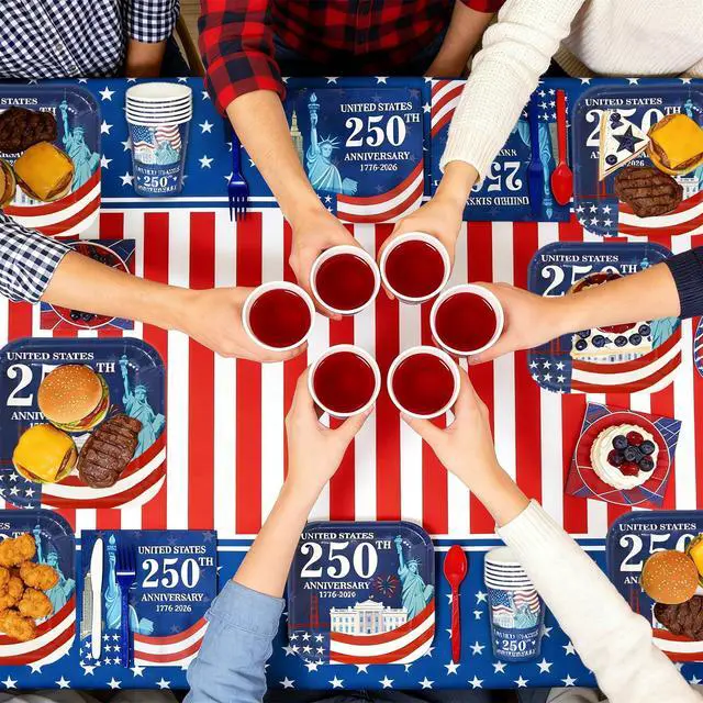 Alt view image 5 of 6 - 170 Pcs 250th Anniversary 4th of July Decorations Serve 24, American Flag Patriotic Party Supplies 4th of July Disposable Paper Plates Napkins Cups Knives Forks Spoons Tablecloths for Independence Day