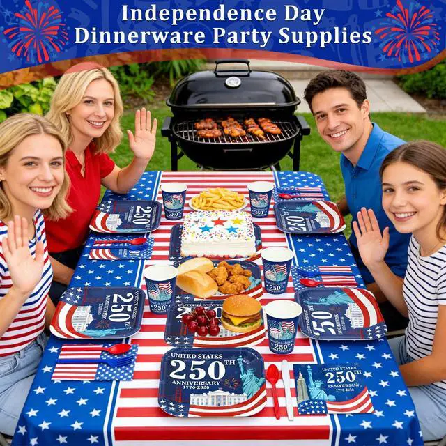 Alt view image 6 of 6 - 170 Pcs 250th Anniversary 4th of July Decorations Serve 24, American Flag Patriotic Party Supplies 4th of July Disposable Paper Plates Napkins Cups Knives Forks Spoons Tablecloths for Independence Day