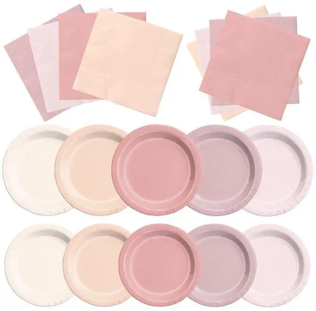 Main image of Pink Birthday Decorations - 60pcs Retro Dusty Pink Plates & Napkins Kit Boho Theme Tableware for Baby Shower,Wedding, Bridal Shower