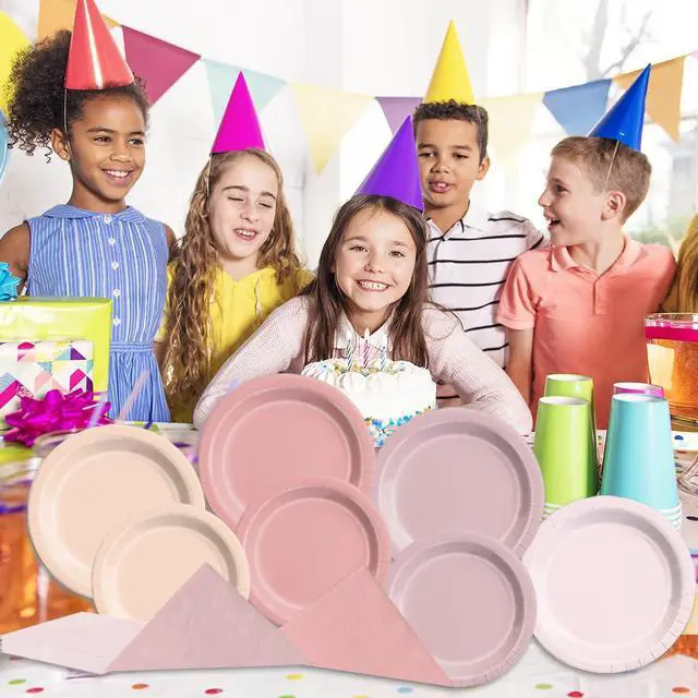 Alt view image 3 of 6 - Pink Birthday Decorations - 60pcs Retro Dusty Pink Plates & Napkins Kit Boho Theme Tableware for Baby Shower,Wedding, Bridal Shower
