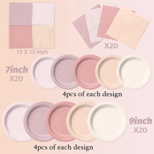 Alt view image 4 of 6 - Pink Birthday Decorations - 60pcs Retro Dusty Pink Plates & Napkins Kit Boho Theme Tableware for Baby Shower,Wedding, Bridal Shower