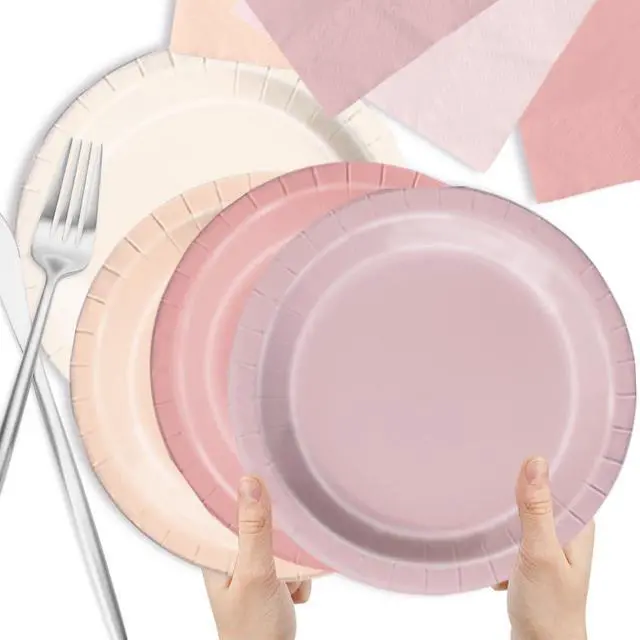 Alt view image 5 of 6 - Pink Birthday Decorations - 60pcs Retro Dusty Pink Plates & Napkins Kit Boho Theme Tableware for Baby Shower,Wedding, Bridal Shower