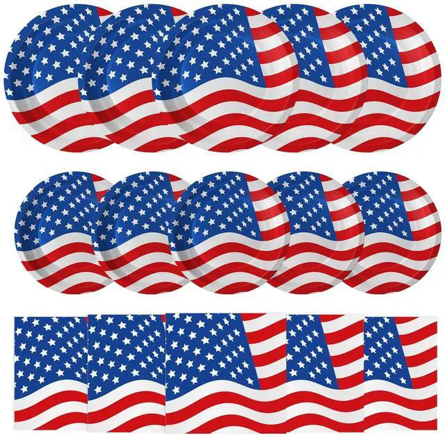 Main image of 4th of July Plates and Napkins Sets - Patriotic American Flag Party Supplies Tableware, July 4th Disposable Paper Plates Napkins Set for Memorial Day, Independence Day Decorations Table Decor,Serve 50