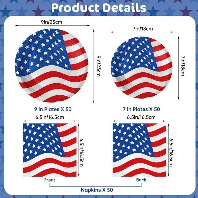 Alt view image 3 of 7 - 4th of July Plates and Napkins Sets - Patriotic American Flag Party Supplies Tableware, July 4th Disposable Paper Plates Napkins Set for Memorial Day, Independence Day Decorations Table Decor,Serve 50