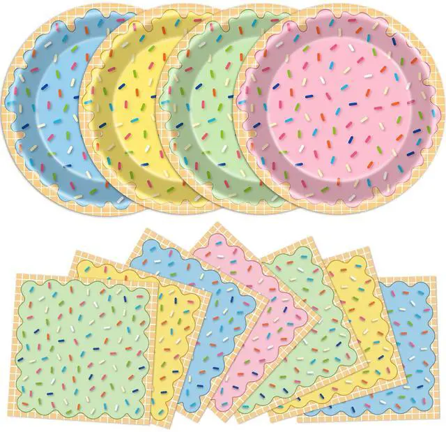Main image of 96Pcs Ice Cream Party Decorations Ice Cream Paper Plates and Napkins Colorful Sprinkle Disposable Tableware Donut Confetti Dessert Plates for Sweet Summer Birthday Baby Shower Table Decor Serve 48