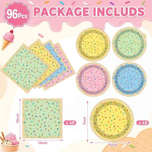 Alt view image 2 of 7 - 96Pcs Ice Cream Party Decorations Ice Cream Paper Plates and Napkins Colorful Sprinkle Disposable Tableware Donut Confetti Dessert Plates for Sweet Summer Birthday Baby Shower Table Decor Serve 48