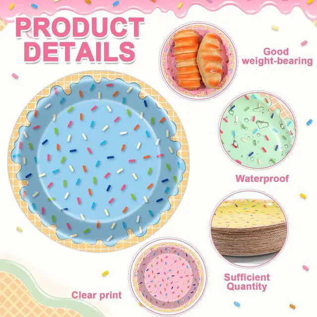 Alt view image 3 of 7 - 96Pcs Ice Cream Party Decorations Ice Cream Paper Plates and Napkins Colorful Sprinkle Disposable Tableware Donut Confetti Dessert Plates for Sweet Summer Birthday Baby Shower Table Decor Serve 48
