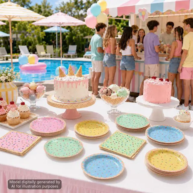 Alt view image 7 of 7 - 96Pcs Ice Cream Party Decorations Ice Cream Paper Plates and Napkins Colorful Sprinkle Disposable Tableware Donut Confetti Dessert Plates for Sweet Summer Birthday Baby Shower Table Decor Serve 48
