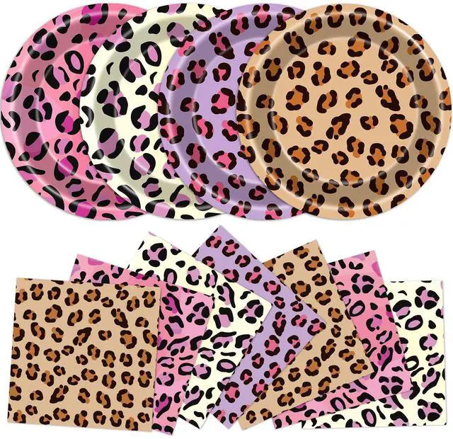 Main image of 96Pcs Leopard Print Birthday Party Decorations Cheetah Print Paper Plates Napkins Safari Animal Leopard Disposable Tableware Dessert Plate for Jungle Animal Baby Shower Wild Party Table Decor Serve 48
