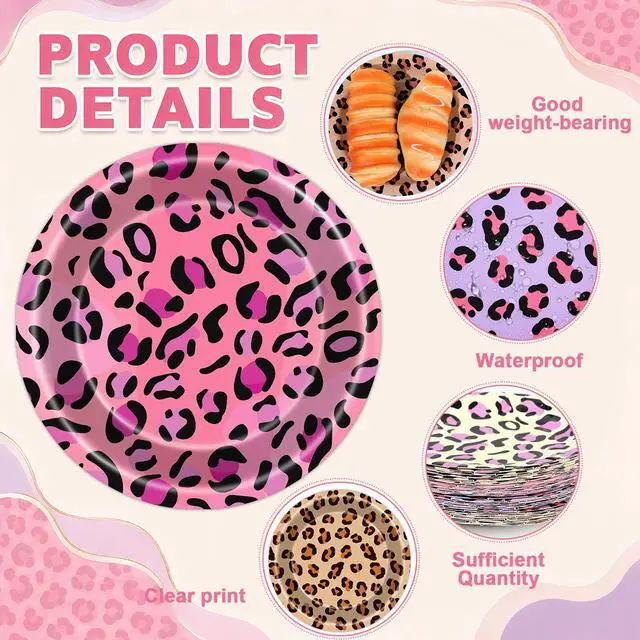 Alt view image 3 of 7 - 96Pcs Leopard Print Birthday Party Decorations Cheetah Print Paper Plates Napkins Safari Animal Leopard Disposable Tableware Dessert Plate for Jungle Animal Baby Shower Wild Party Table Decor Serve 48