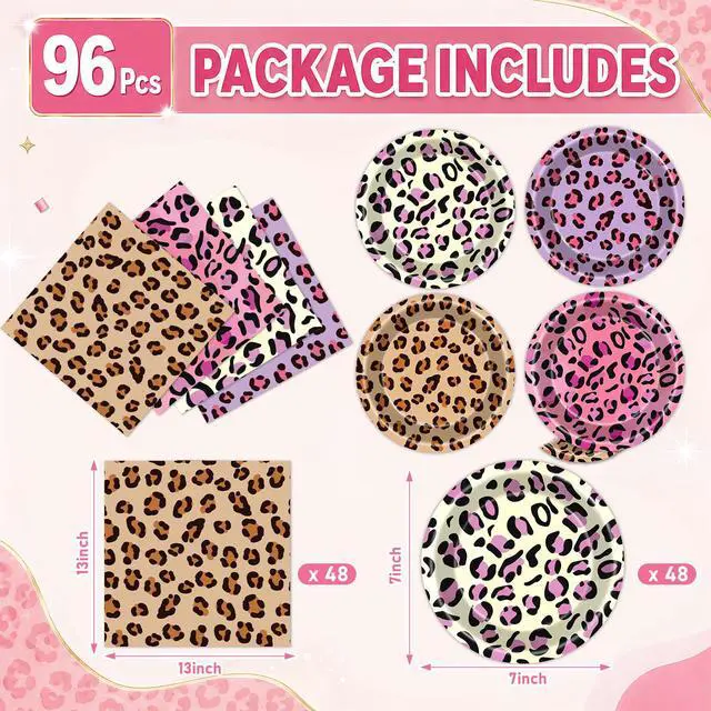 Alt view image 2 of 7 - 96Pcs Leopard Print Birthday Party Decorations Cheetah Print Paper Plates Napkins Safari Animal Leopard Disposable Tableware Dessert Plate for Jungle Animal Baby Shower Wild Party Table Decor Serve 48