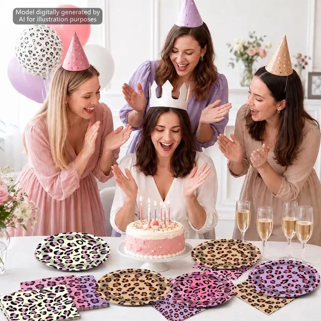 Alt view image 6 of 7 - 96Pcs Leopard Print Birthday Party Decorations Cheetah Print Paper Plates Napkins Safari Animal Leopard Disposable Tableware Dessert Plate for Jungle Animal Baby Shower Wild Party Table Decor Serve 48