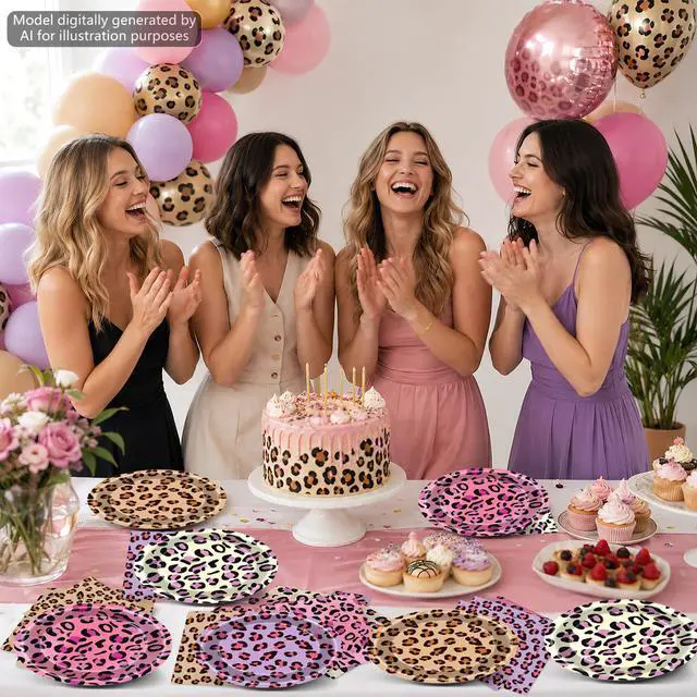 Alt view image 5 of 7 - 96Pcs Leopard Print Birthday Party Decorations Cheetah Print Paper Plates Napkins Safari Animal Leopard Disposable Tableware Dessert Plate for Jungle Animal Baby Shower Wild Party Table Decor Serve 48