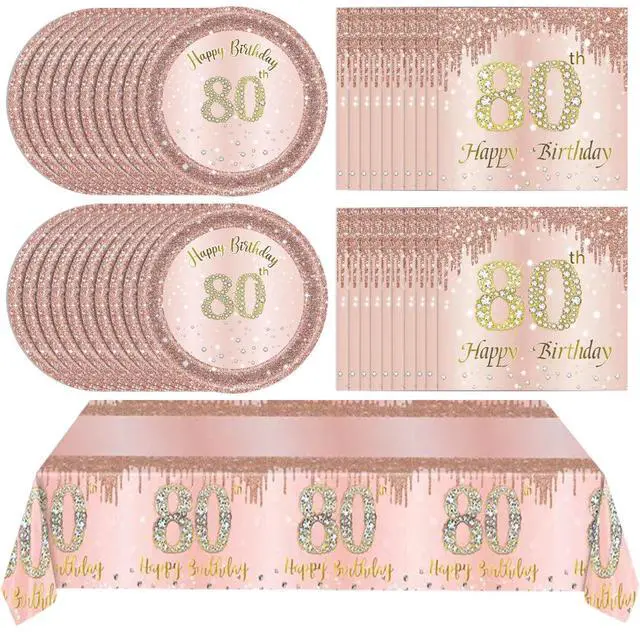 Main image of 41Pcs 80th Birthday Decorations, Rose Gold Birthday Party Supplies Include 20Pcs Plates 20Pcs Napkins and 1Piece Tablecloth, Sweet Eighty Year Old Birth Party Tableware for Girl Ladies Women