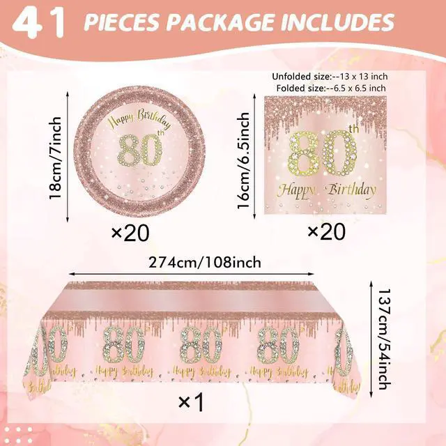 Alt view image 2 of 7 - 41Pcs 80th Birthday Decorations, Rose Gold Birthday Party Supplies Include 20Pcs Plates 20Pcs Napkins and 1Piece Tablecloth, Sweet Eighty Year Old Birth Party Tableware for Girl Ladies Women