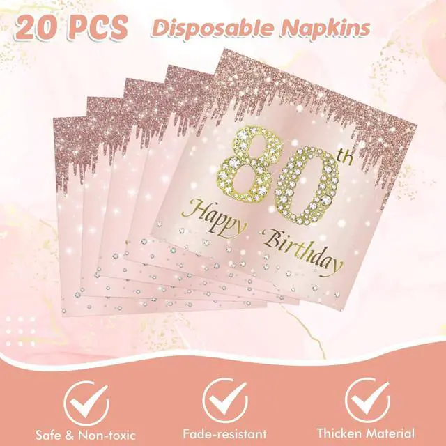 Alt view image 4 of 7 - 41Pcs 80th Birthday Decorations, Rose Gold Birthday Party Supplies Include 20Pcs Plates 20Pcs Napkins and 1Piece Tablecloth, Sweet Eighty Year Old Birth Party Tableware for Girl Ladies Women