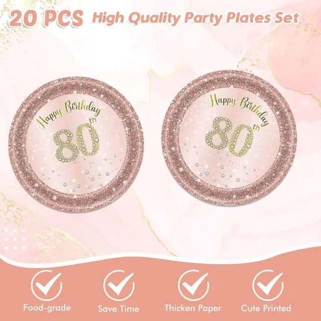 Alt view image 3 of 7 - 41Pcs 80th Birthday Decorations, Rose Gold Birthday Party Supplies Include 20Pcs Plates 20Pcs Napkins and 1Piece Tablecloth, Sweet Eighty Year Old Birth Party Tableware for Girl Ladies Women