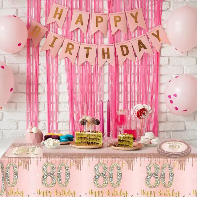Alt view image 6 of 7 - 41Pcs 80th Birthday Decorations, Rose Gold Birthday Party Supplies Include 20Pcs Plates 20Pcs Napkins and 1Piece Tablecloth, Sweet Eighty Year Old Birth Party Tableware for Girl Ladies Women